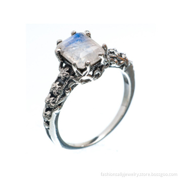 Rainbow Moonstone 925 Sterling Silver Ring Size 7.25